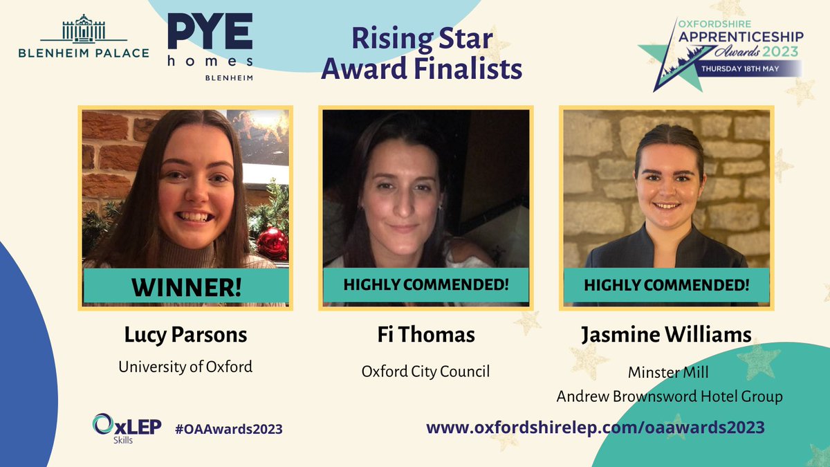🏆 We’re delighted to announce the results of the Rising Star Award, kindly sponsored by Blenheim &amp; Pye Homes, for Apprentices who have been in post for less than 6 months. 

Congratulations!

#OAAwards2023 #apprenticeshipawards #seaan