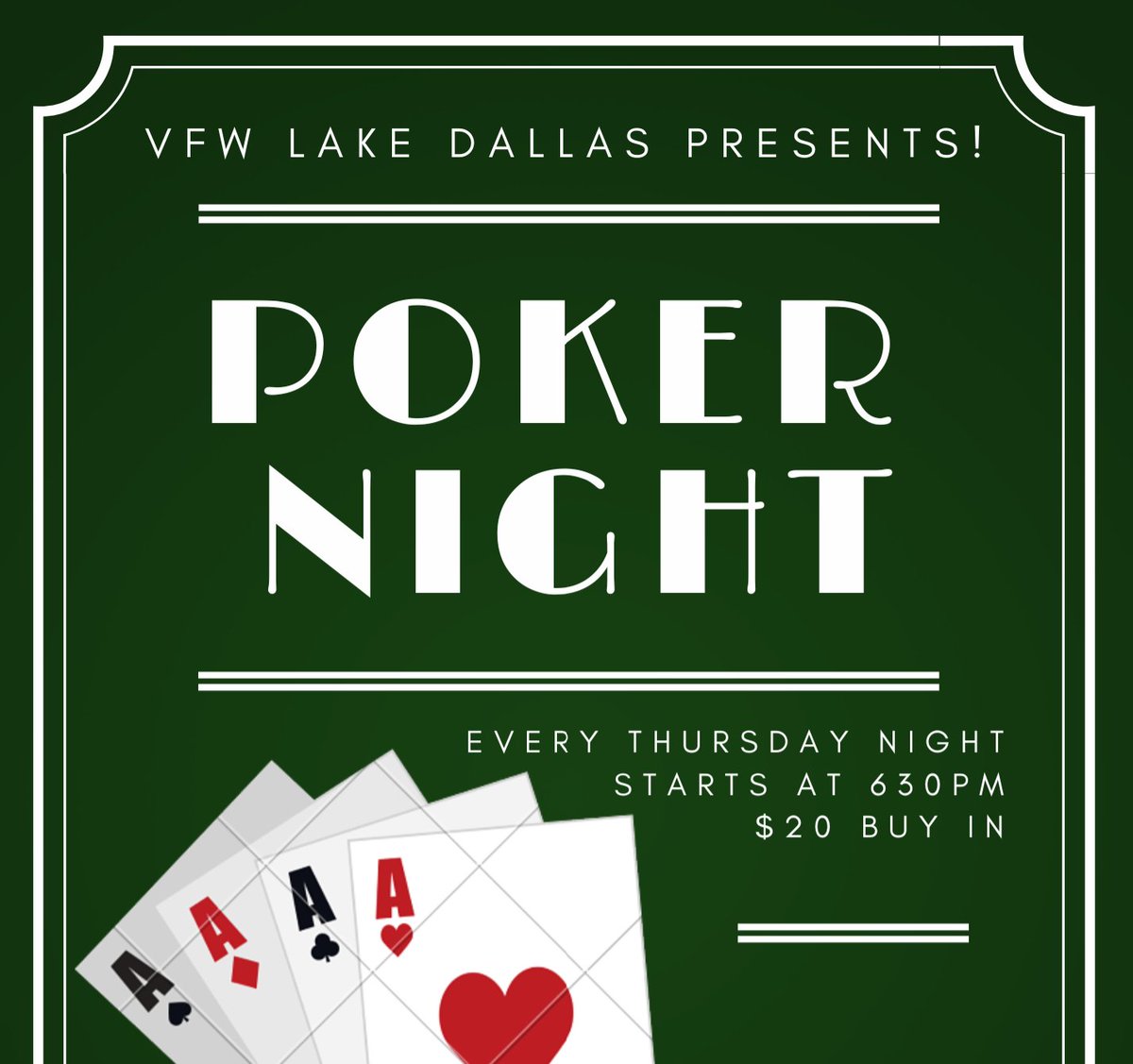 #pokernight Is Every Thursday Night at The VFW in Lake Dallas!! Starts at 630PM!! EVERYONE'S Welcome $5 buy in #pokernight #vfwlakedallas #VFWPOST10460 #lakedallas #lakecities #everyoneswelcome #thirstythursdays
