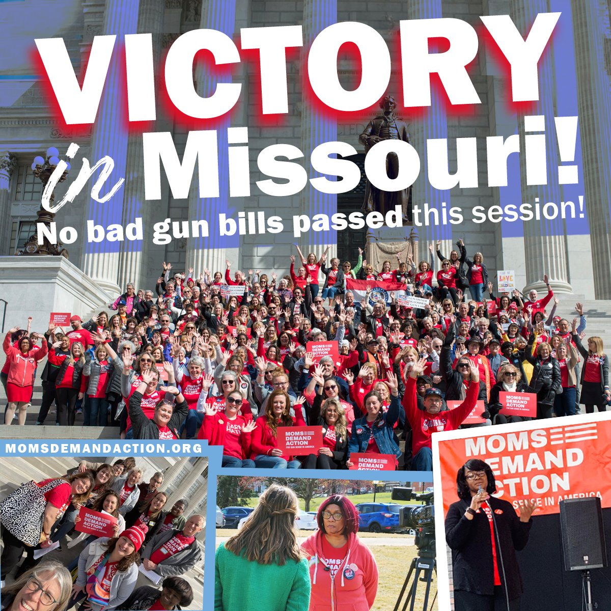 VICTORY! Following advocacy by our volunteers, Missouri lawmakers blocked all dangerous gun-lobby-priority legislation, including a bill to force guns into sensitive places, like places of worship and public transit. #MOLeg