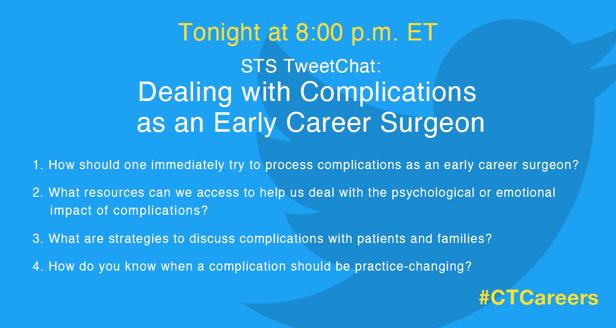 The Society of Thoracic Surgeons (@sts_ctsurgery) on Twitter photo Get ready to join the discussion on dealing with complications during this evening's STS TweetChat. Dr. <a href="/okusanyamd/">Olugbenga Okusanya MD</a> will moderate the chat - prepare your thoughts on the questions below and participate using #CTCareers. See you at 8 pm ET! Get ready to join the discussion on dealing with complications during this evening's STS TweetChat. Dr. <a href="/okusanyamd/">Olugbenga Okusanya MD</a> will moderate the chat - prepare your thoughts on the questions below and participate using #CTCareers. See you at 8 pm ET!
