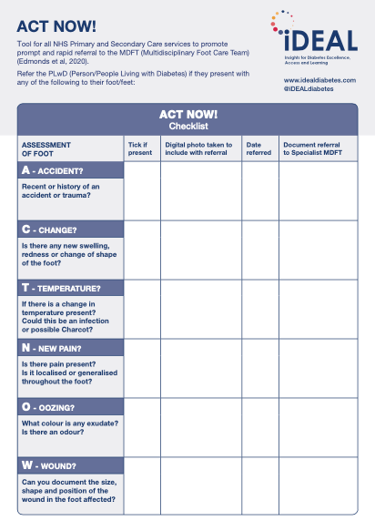 PodVascSAG's tweet photo. 2/3 ACT NOW assessment tool For use by health care professionals @idealdiabetes.com
Supporting early recognition of Diabetic foot disease
@RoyColPod @Darciedot @Martinfox2000 @LegsMatter 
 #Diabetesmdt #timeistissue #diabeteschat https://t.co/OKCCV8SVtB