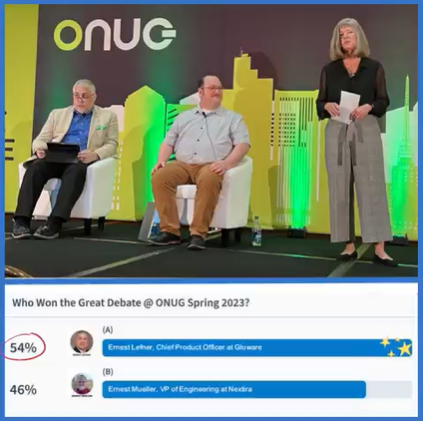 gluwareinc's tweet photo. The results are in from yesterday's debate discussing "Can DevOps Scale in the Large Enterprise?"
It was Ernest v. Ernest!😉 Ernest Mueller put up a good fight, but in the end, our own Ernest Lefner took the win!🎉
Thank you to all who voted during this session at #ONUGSpring2023 https://t.co/yjYAxJa1PG