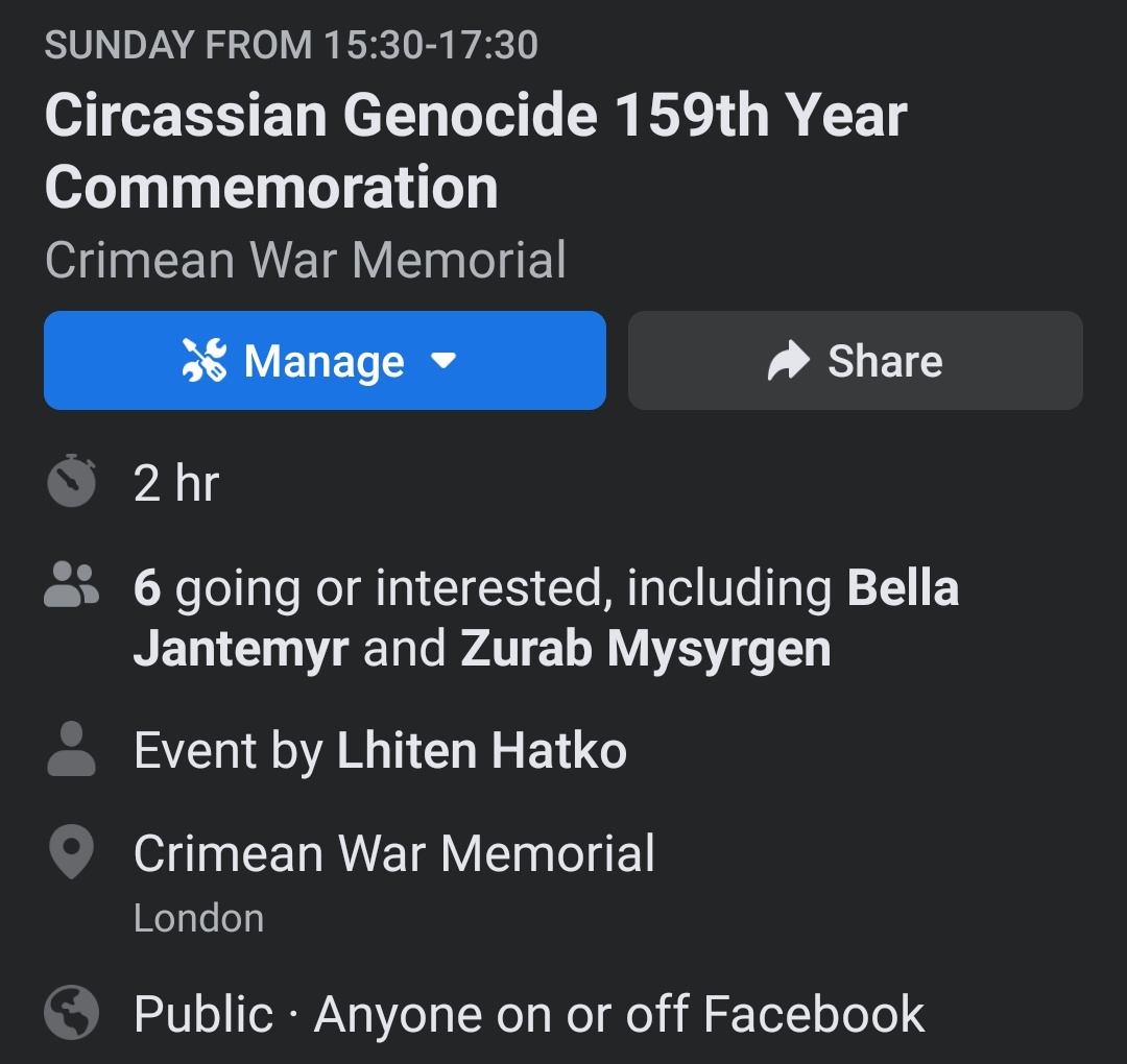 #CircassianGenocide Commemoration will be taking place in London on Sunday, 21st of May. 

Time: 15:30 at Piccadilly Circus, Crimean Monument.

Further Information: fb.me/e/3EcyWBz4F