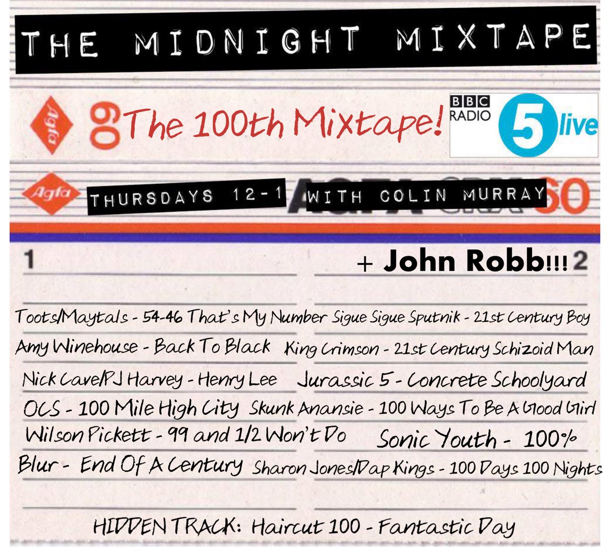 ColinMurray's tweet photo. The 100th Midnight Mixtape and one of our most tricky themes yetโฆ but still you delivered ๐
Side B is all artists / bands who havenโt been on a final Mixtape yet ๐
Thanks to @johnrobb77 and to everybody who messages in, tonight and the other 99! ๐
โค๏ธ๐ป https://t.co/TqJA28Oe0N