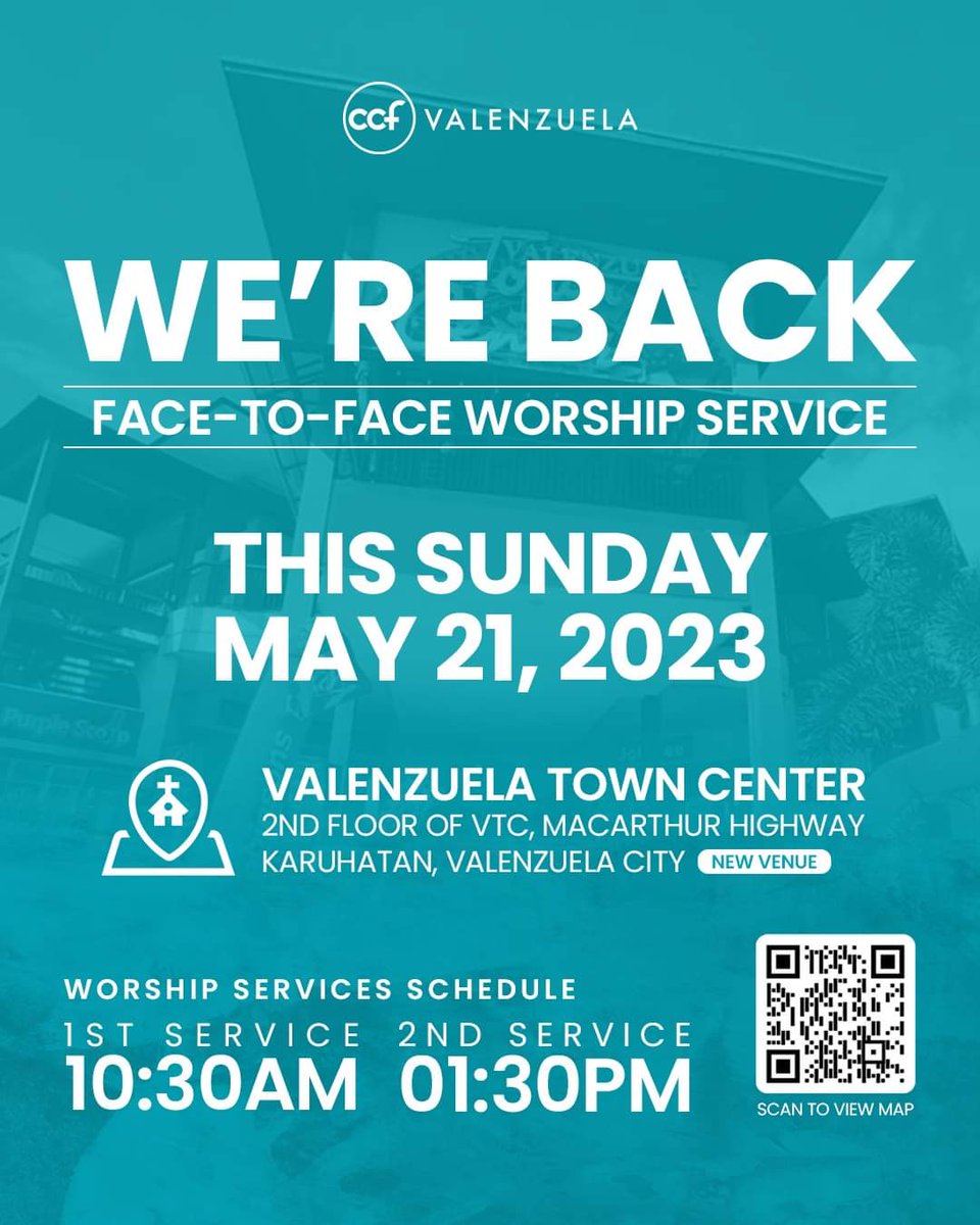 TownValenzuela's tweet photo. CCF Valenzuela Face to Face Sunday Worship starts on May 21,2023 at its new and permanent venue located at the 2nd Floor Valenzuela Town Center Karuhatan, Valenzuela City. We're excited to see you this Sunday and every Sunday afterwards to Praise and Worship GOD as one body. https://t.co/ElnblHysSl