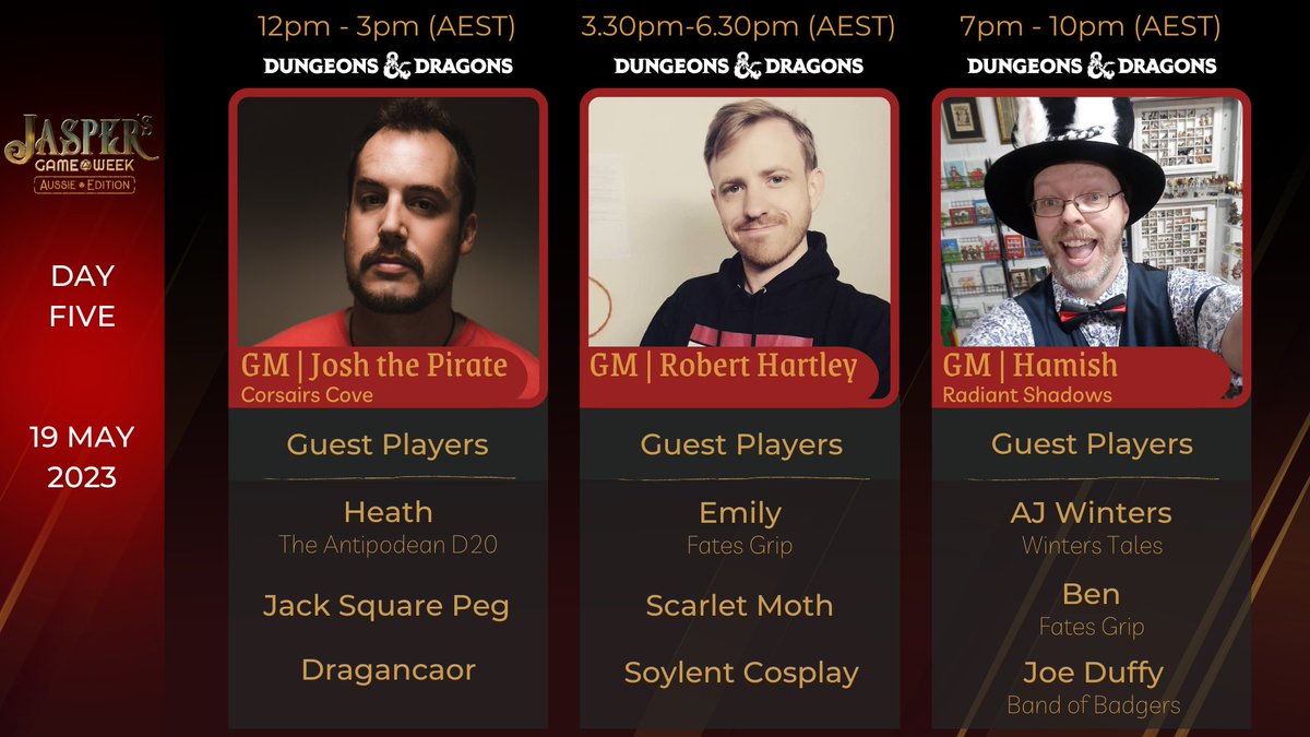Meeples_Dragons's tweet photo. 12pm AEST today we'll jump into Day Four of #jaspersgameweek Aussie Edition on https://t.co/Qp5wRB8war

Join us for some fantastic TTRPG, help us raise some money for Black Dog Institute via donations that can impact the game play.

https://t.co/pYQWnVXRjg https://t.co/jyN8DOQlPE