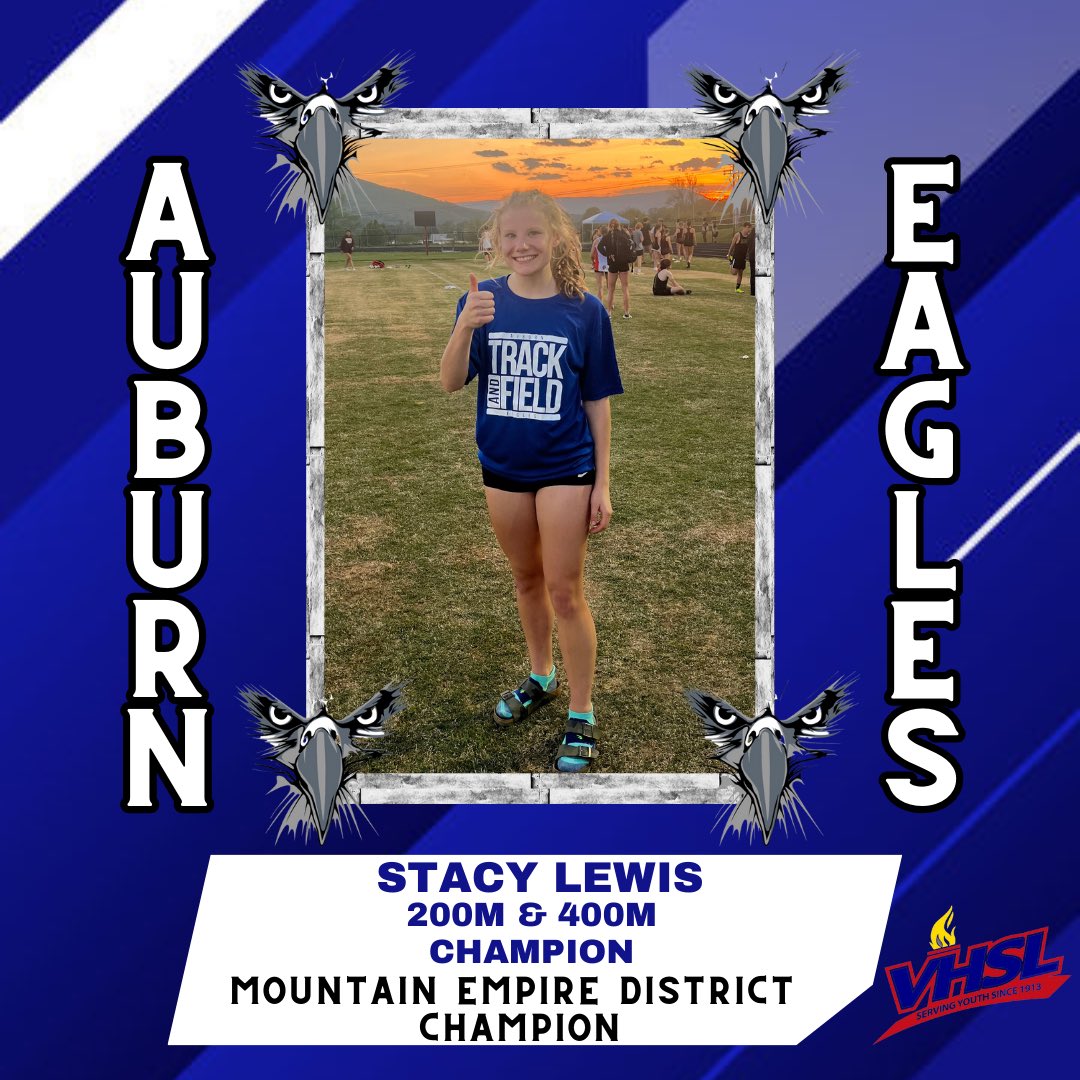 🥇🦅Mountain Empire District Champion🦅🥇

Congratulations to Stacy Lewis the Mountain Empire District Champ for 200m, 400m and Long Jump.  Stacy also finished 2nd in the 800m and 2nd in Triple Jump scoring an incredible 46 points in the meet.