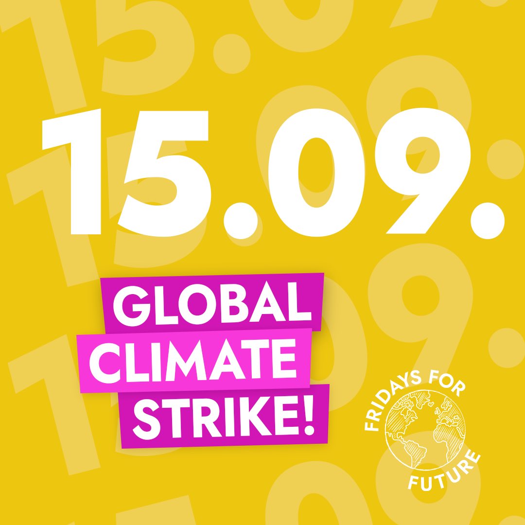 Fridays4future's tweet photo. 💥GLOBAL CLIMATE STRIKE ON SEPTEMBER 15th 💥

STRIKE FOR CLIMATE JUSTICE ✊

Join the different protests, mobilizations, demonstrations, and more happening in your country! Reach out to your local youth climate movement and stand up for climate justice 📢 https://t.co/WpFECgS8eH