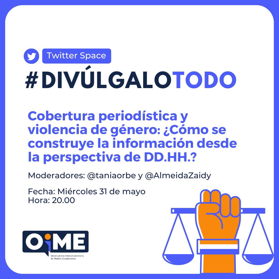 OimeEcuador's tweet photo. ¡Te presentamos el tema para el próximo #DivúlgaloTodo!

Reserva el miércoles 31 de Mayo a las 20h00 por #TwitterSpace. 

Activa tu recordatorio en https://t.co/ITjrGDlQbl

#LuchaContraLaDesinformación #DivulgaciónCientífica #Ecuador #periodismo #ciencia #tecnología https://t.co/XAkMIIAfJP