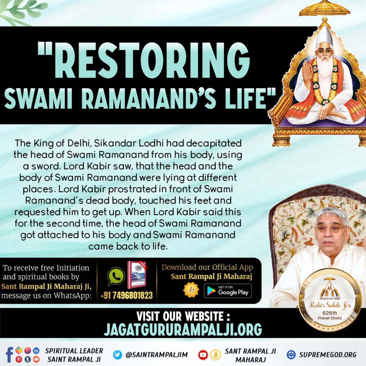 #GodMorningFriday
King Sikandar Lodi of Delhi had cut Swami Ramanand Ji into two pieces with a sword, which was revived by God Kabir Ji with the power of his words.
#MysteryBehindGuruOfGodKabir
