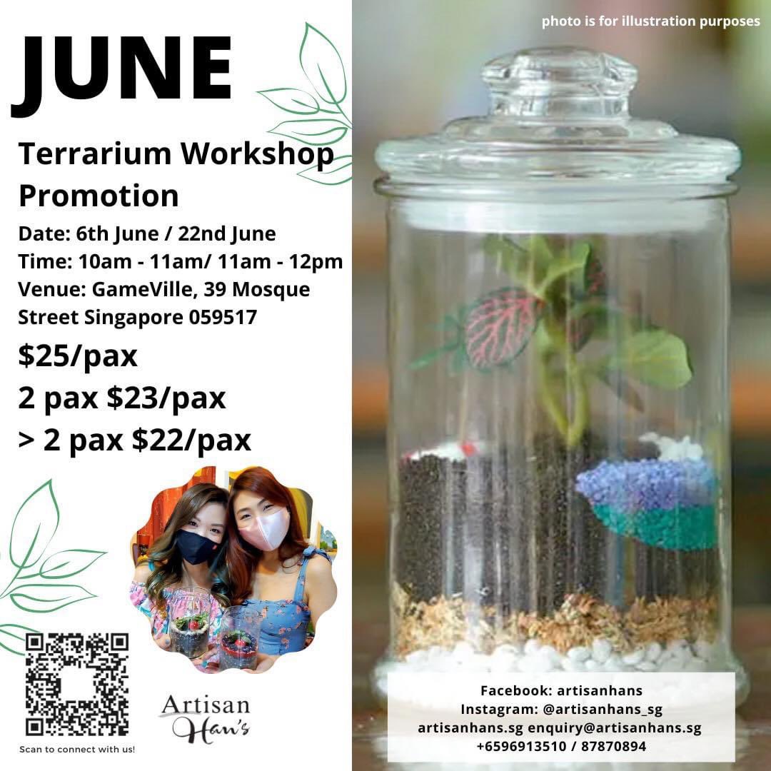 JUNE Holiday Promotion! 
contact us for more details 😊
Enquiry@artisanhans.sg

#artisanhanssg #workshop #juneholiday #terrarium #happytimes #kids #adults