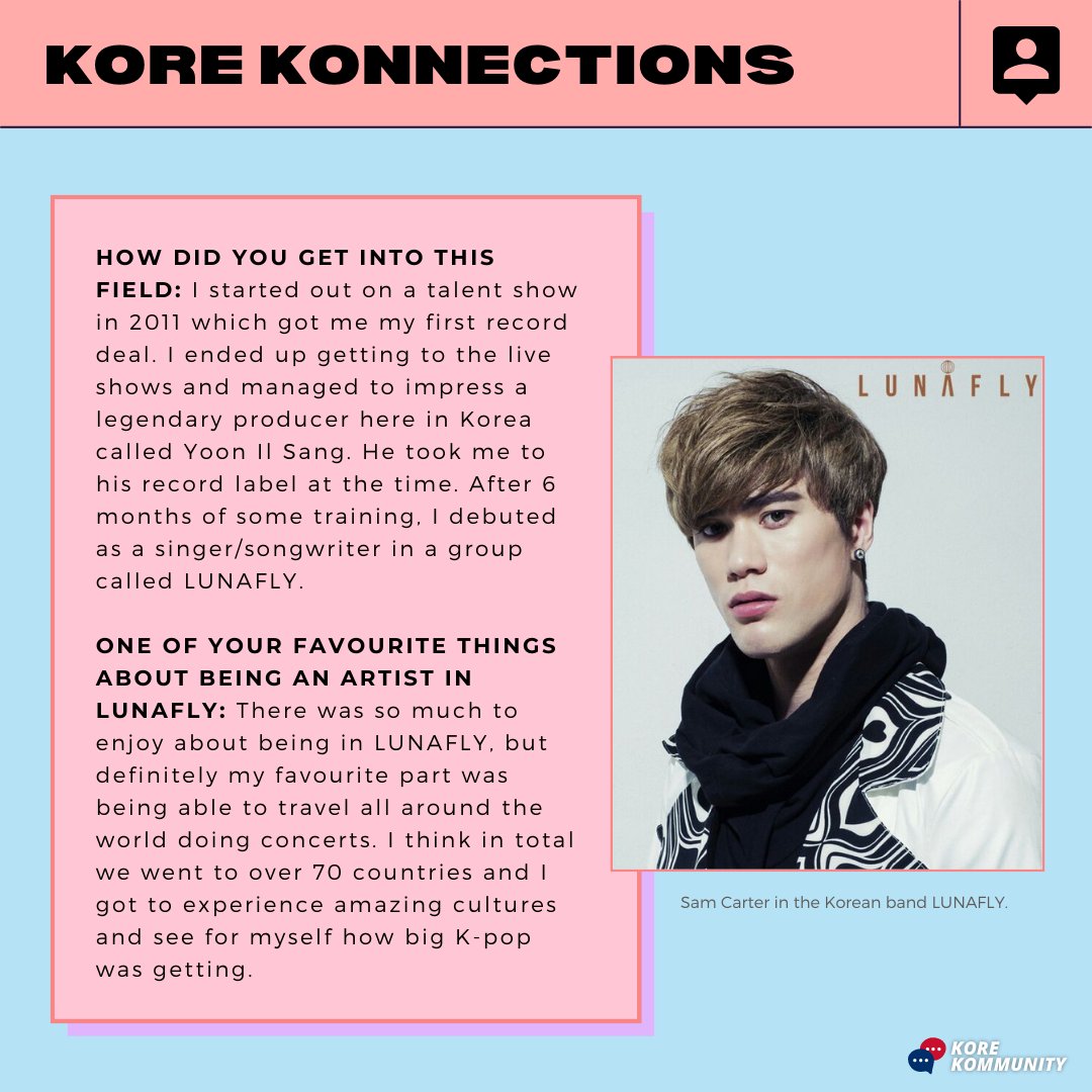 korekommunity's tweet photo. Who better to ask about the Korean music industry than #Kpop artist in Korea? 🎤
#SamCarter is a singer-songwriter from the renowned Korean band #LUNAFLY which debuted in 2012 under the same label as #BrownEyedGirls 🎸
#koreanmusic #kpopidol #neganetwork #idol #lukies (Pt. 1) https://t.co/PMXzv9BbNw