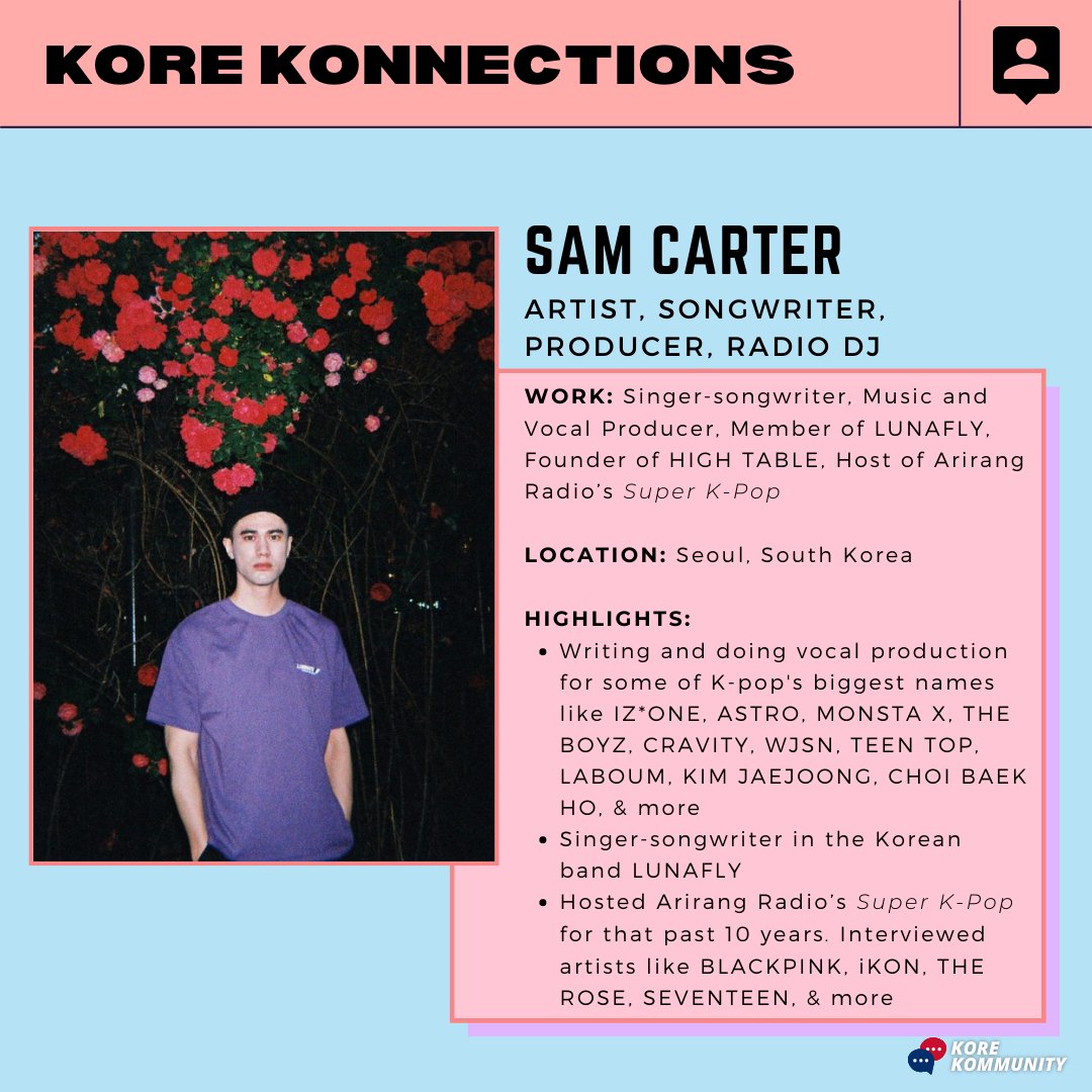 korekommunity's tweet photo. Who better to ask about the Korean music industry than #Kpop artist in Korea? 🎤
#SamCarter is a singer-songwriter from the renowned Korean band #LUNAFLY which debuted in 2012 under the same label as #BrownEyedGirls 🎸
#koreanmusic #kpopidol #neganetwork #idol #lukies (Pt. 1) https://t.co/PMXzv9BbNw