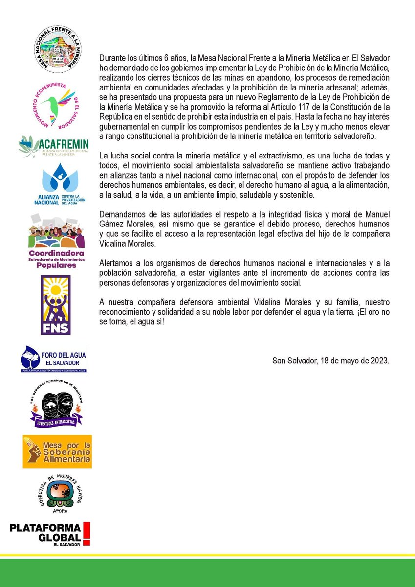 #Comunicado| Diversas expresiones del movimiento social de El Salvador, expresa su más enérgica condena ante la captura de Manuel Gámez Morales, hijo de Vidalina Morales luchadora férrea contra la minería. <a href="/ades_sm/">ADES Santa Marta</a>
✅Descarga PDF 📷bit.ly/3Md5a90