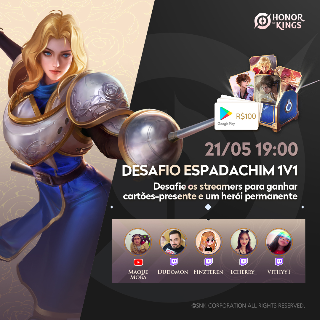 HoK_BR's tweet photo. Desafio Espadachim 1v1 🗡 Dia 1🗡
Hoje, 19h, @Dudomon MaqueMoba @vitoriacsza @Finzteren e lcherry_ irão aceitar seus desafios 1v1 ao vivo. Recompensas exclusivas estão te esperando!

#HonorofKingsBR #HonorofKings https://t.co/EqHDkzTktH