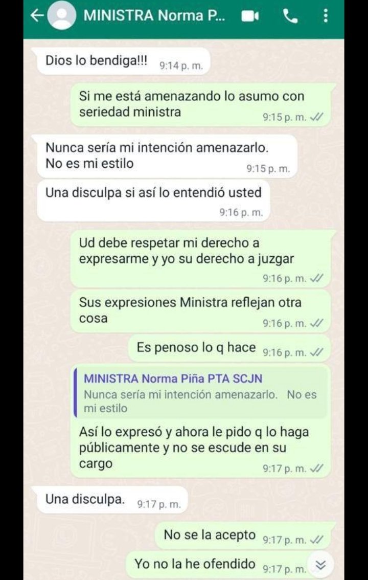 Yo no quiero una presidenta de la Suprema Corte que amenace a legisladores por whatsapp, y menos una que usa emojis en la conversación para burlarse. El nivel de Norma Piña es infantil. Es un peligro que la impartición de justicia esté en manos de alguien así.