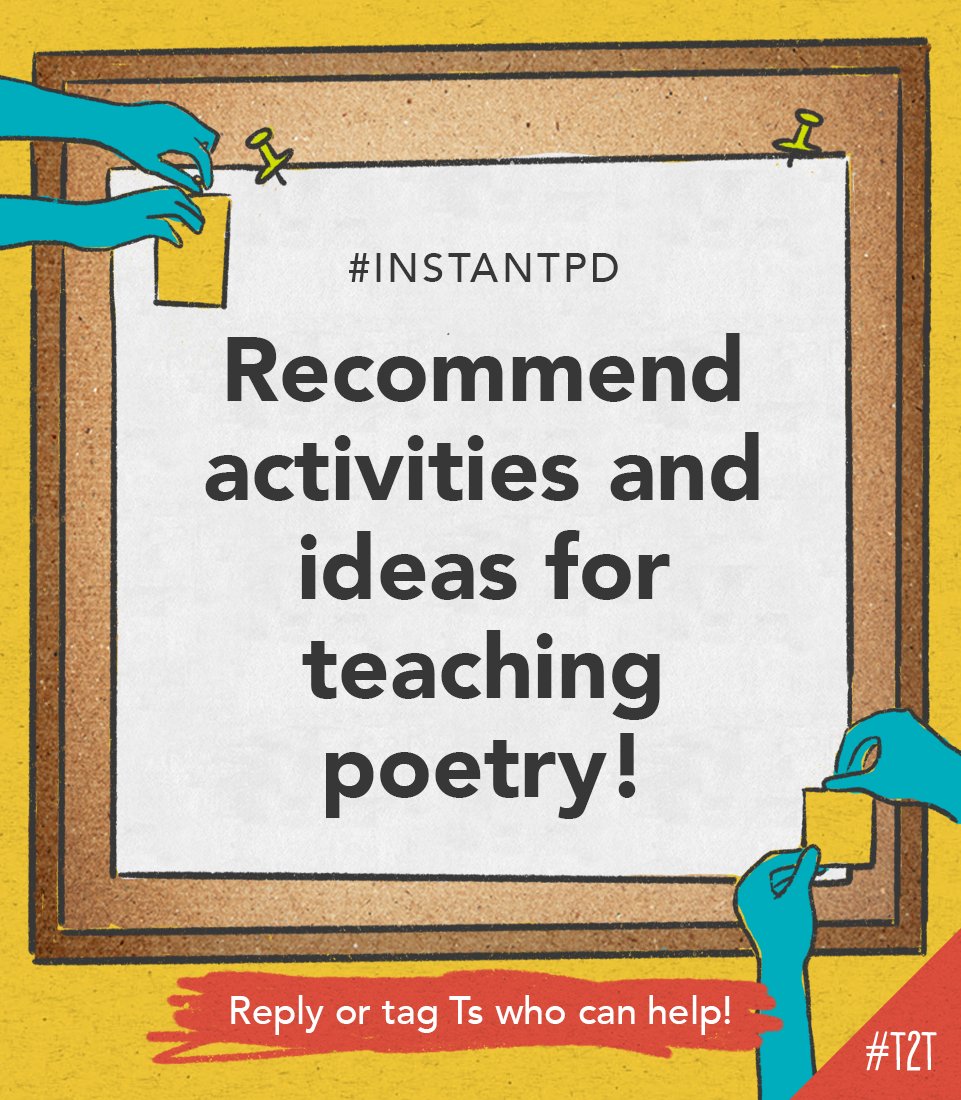 Do you have an ✨ awesome ✨ activity or lesson plan for teaching poetry? 📙

T @HatzOff2English is looking for new ideas to make poetry fun for Ss – shout out your favorite recommendations below! 👇

#InstantPD #ELA #ELAchat #LitChat