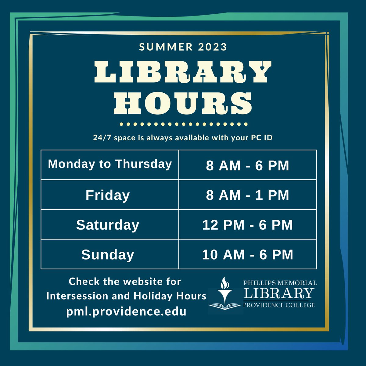 Library_PC's tweet image. It&apos;s starting to feel like summer at
@ProvidenceCol. As always, access the 24/7 space
anytime the library is closed by swiping your PC ID.

Stay up to date for Intersession and Holiday Hours on
the library website pml.providence.edu

#PML #ProvidenceCollege #PCLibrary