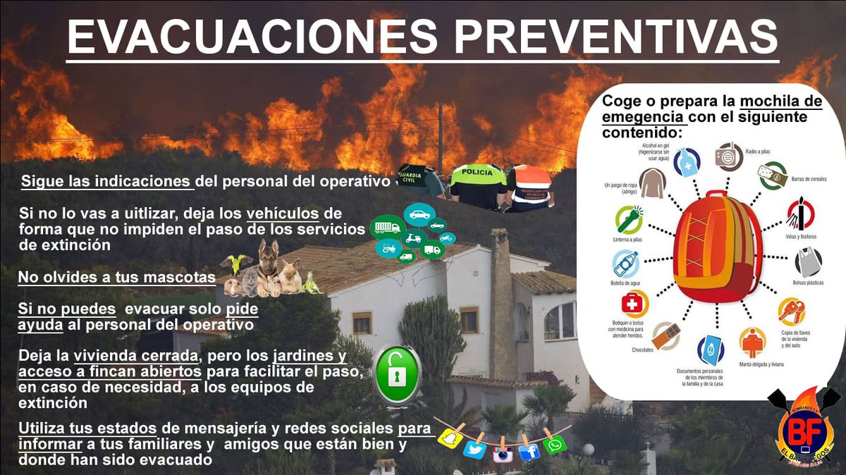El_Batefuegos's tweet photo. Os dejamos a vuestra disposición la mochila de emergencia que puede ser de utilidad en estos momentos de emergencia por incendio forestal #IFPinofranqueado 

-Sigue indicaciones de servicios de emergencia y autoridades. 
-La mochila es prevención.
-Deja la vía libre en la calle. https://t.co/1psxLaf2Sm
