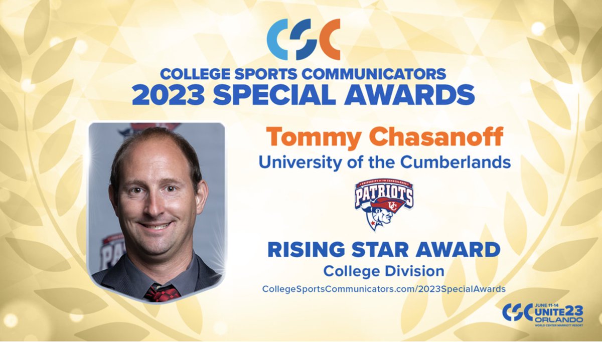 CollSportsComm's tweet image. Special Awards spotlight: CSC RIsing Star Award recipient (in the college division) @TommyChasanoff, @UC_Patriots' Assistant AD/Sports Information. With his leadership &amp;amp; teamwork, Chasanoff has helped elevate UC's storytelling and student-athlete promotion bit.ly/3o8jasP