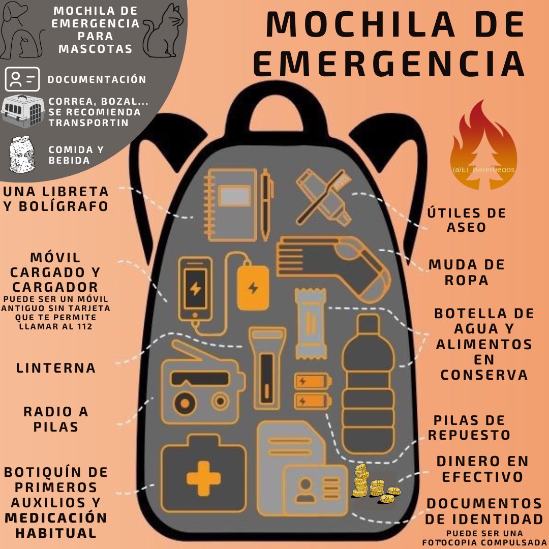 El_Batefuegos's tweet photo. Os dejamos a vuestra disposición la mochila de emergencia que puede ser de utilidad en estos momentos de emergencia por incendio forestal #IFPinofranqueado 

-Sigue indicaciones de servicios de emergencia y autoridades. 
-La mochila es prevención.
-Deja la vía libre en la calle. https://t.co/1psxLaf2Sm