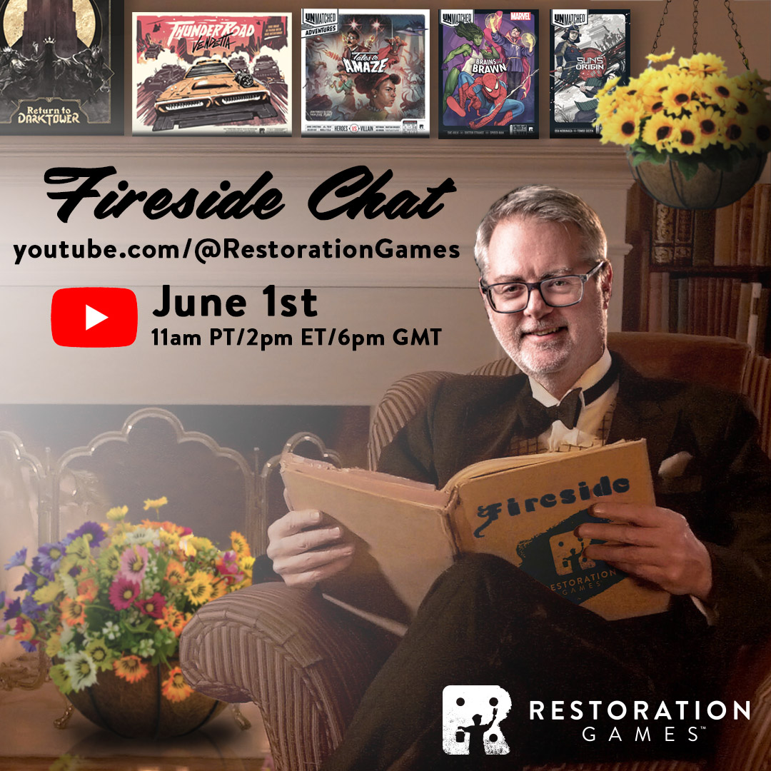 RestorationGame's tweet photo. Join us on June 1 to chat about what Restoration Games is up to. Want to know the latest on #CrossbowsAndCatapults or Unmatched? Justin Jacobson, the Board Game Necromancer and inveterate spoiler-dropper, has you covered.

https://t.co/kO637wwq9L https://t.co/9doxykQI6Y