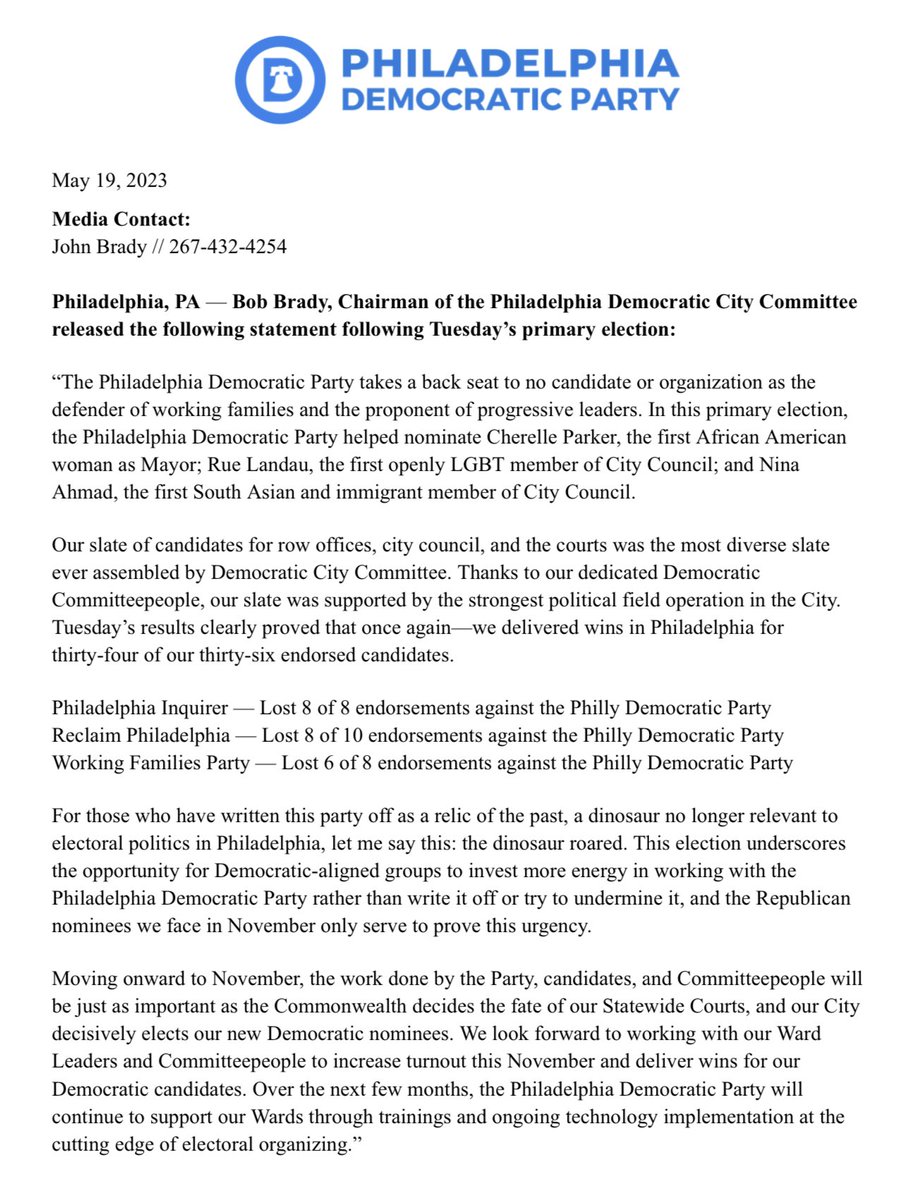PHLDems's tweet image. @BobBradyPHL, Chairman of the @PHLDems released this statement following Tuesday’s Primary Election: