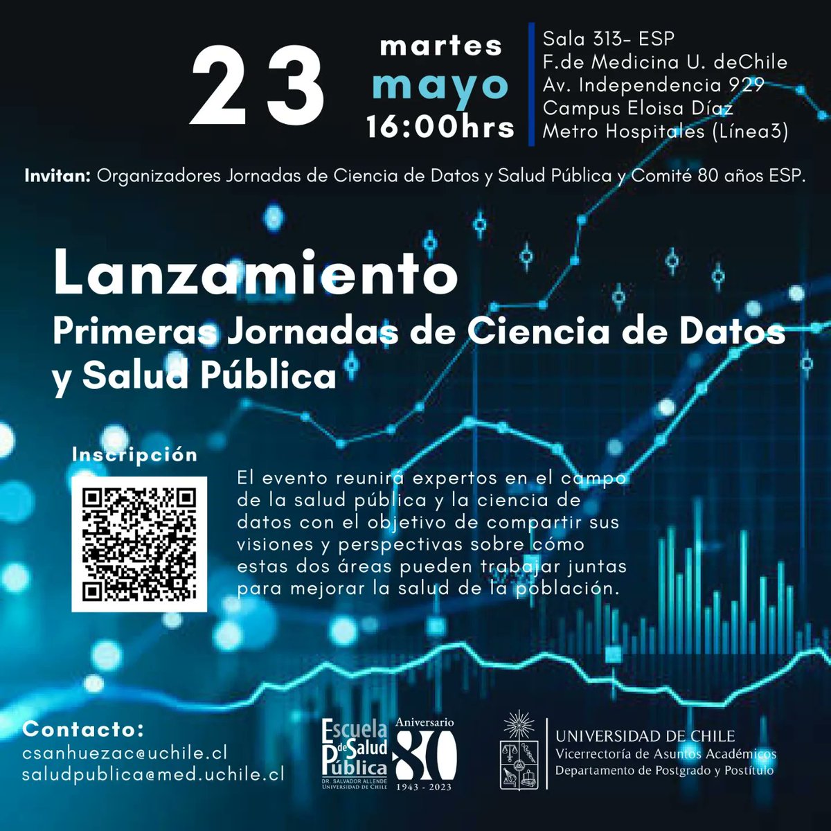esp_uchile's tweet photo. 📅El martes 23 de mayo se realizará el  lanzamiento de las Primeras Jornadas de Ciencia de Datos y Salud, liderado por alumnos y alumnas del Doctorado en Salud Pública de la Escuela de Salud Pública de la Facultad de @MedicinaUChile
Datos de contacto e inscripción en la imagen👀 https://t.co/RrsChhCxoe
