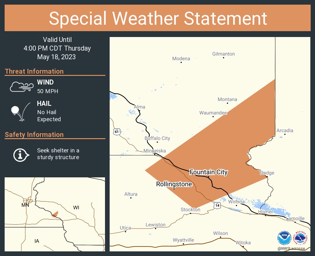 A special weather statement has been issued for Fountain City WI, Rollingstone MN and  Minnesota City MN until 4:00 PM CDT https://t.co/LVCaSGxjfx