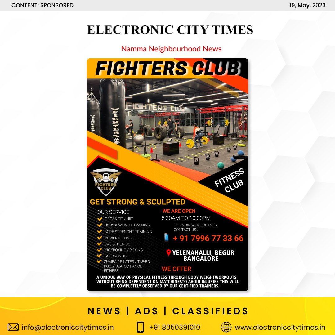 Content: Sponsored

Fighters Club

#FitnessClub
Get Strong & Sculpted

We are open
5:30am to 10:00pm

To know more details contact us: 
+91 7996 77 33 66

Yelenahalli, Begur, Bangalore

#electroniccity #electroniccitytimes #fitness #bodybuilding #ufc #ufcfightnight #kickboxing