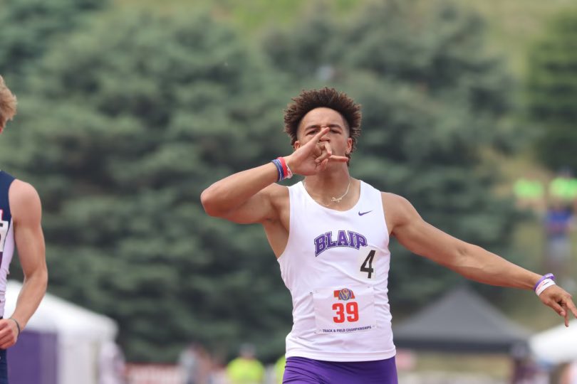 PrepRunningNerd's tweet photo. Ethan Baessler of @BlairTrackTeam sets Class B 100 record with a wind-legal (1.8) 10.53 in the finals. https://t.co/tsrNkHupVy