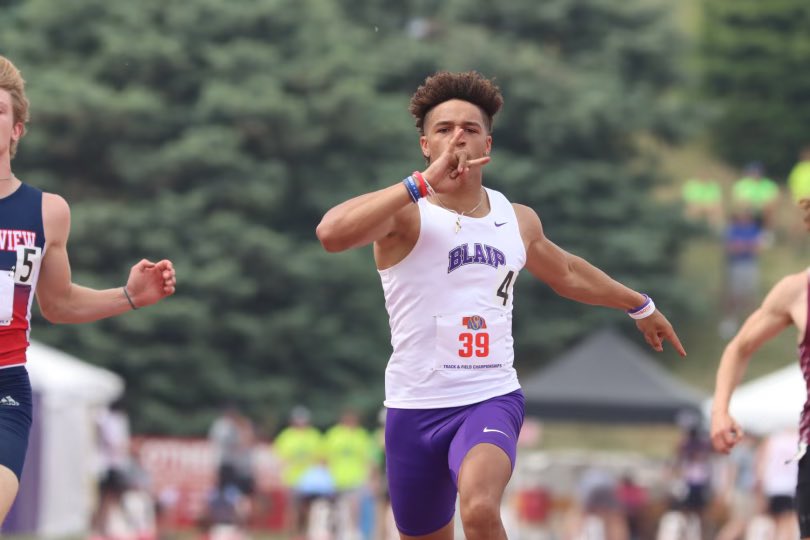 PrepRunningNerd's tweet photo. Ethan Baessler of @BlairTrackTeam sets Class B 100 record with a wind-legal (1.8) 10.53 in the finals. https://t.co/tsrNkHupVy
