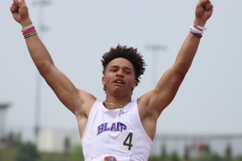 PrepRunningNerd's tweet photo. Ethan Baessler of @BlairTrackTeam sets Class B 100 record with a wind-legal (1.8) 10.53 in the finals. https://t.co/tsrNkHupVy