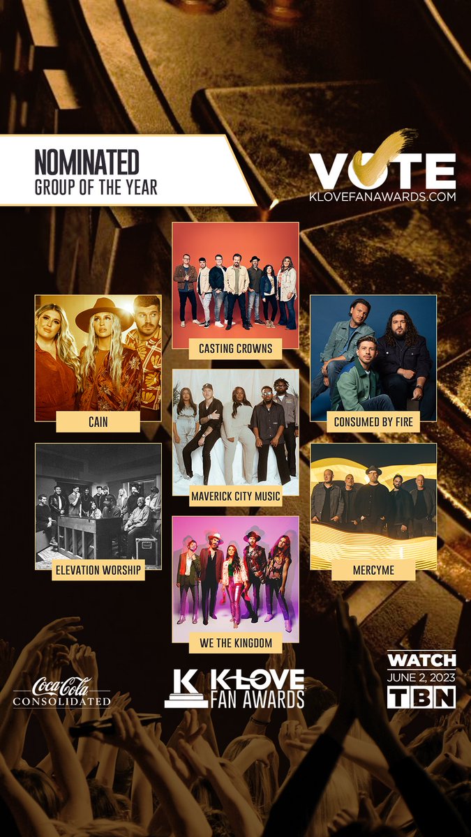 Here are your nominees for the 2023 Group of the year! You can cast your vote at KLOVEFANAWARDS.COM/VOTE. Let's make a difference together and vote with OPEN EYES! #votewithopeneyes #klove #cocacolaconsolidated #tbn #openeyes