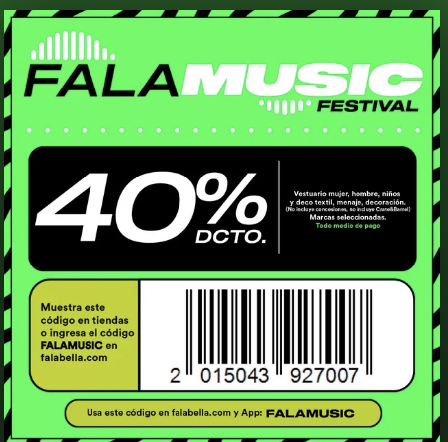🛍️ Hay 40% de descuento en marcas de vestuario seleccionadas, en tiendas y en la web Falabella. 

Online usan el código FALAMUSIC y si es presencial, con el código de la imagen.

➡️ El link que dejamos en web lleva directamente a la sección donde aplica: descuentosrata.com/cupones/840/40…