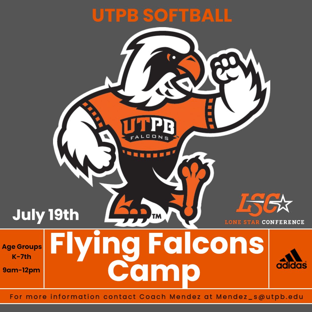 🚨🚨 FALCON NATION 🚨🚨We are hosting a flying falcons camp for grades K-7th! Come meet some of the UTPB softball team while working on developing your softball skills! YOU DON’T WANT TO MISS THIS! #BeTheChange #FalconsUp 🧡🖤🤙🏼

 utpbsoftballcamps.totalcamps.com/shop/EVENT