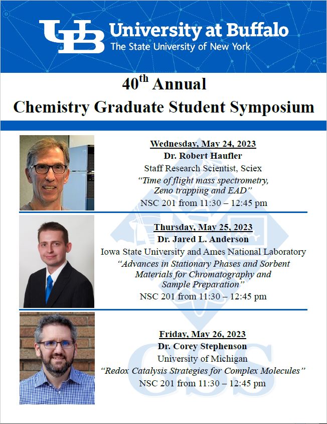 We are 6 days away from the 40th Annual GSS! Make sure to register to see presentations from our Keynote Speakers Dr. Robert Haufler, Dr. Jared L. Anderson, and Dr. Corey Stephenson as well as posters and talks from over 80  graduate students from the northeastern US and Canada!