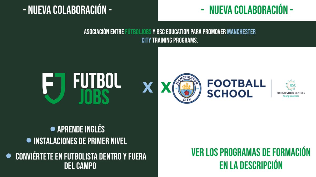 FutbolJobs_ES's tweet photo. 🤝 #FutbolJobs se asocia con #BSCEducation para promover los programas de entrenamiento del @ManCity.
Noticia completa ➡️ https://t.co/gq56ZqAe0D
#FútbolBase #Metodología #Experiencia https://t.co/q6wEQQ0iwj