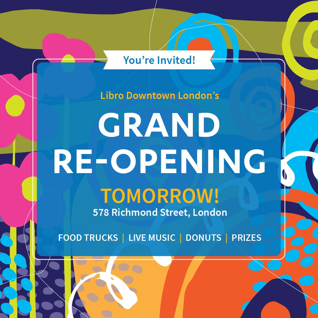 TOMORROW! 🙌😎🎉
 
Get ready to kick off the long weekend early with Libro! Come celebrate our grand re-opening at 578 Richmond Street.

Join us tomorrow, Friday May 19th, from 11am - 2pm for live music, food tucks and games. 
 
We can’t wait to see you there! #ldnont