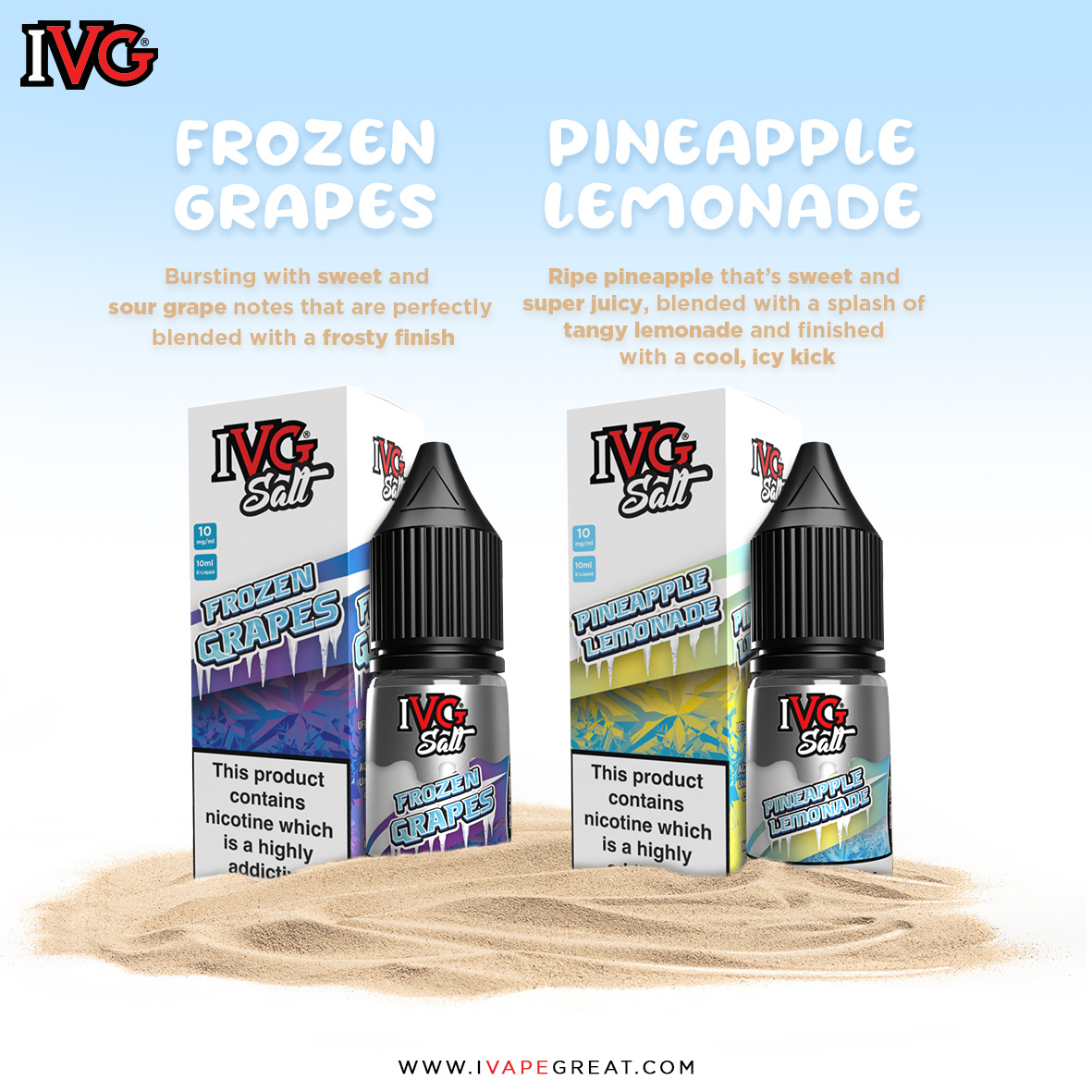 ivgeliquids's tweet photo. Sweet, sour and refreshingly frosty. Frozen Grapes and Pineapple Lemonade are two brand new flavours available online.
#ivapegreat #summerready #summervibes #quitsmoking #nicsalt #quitwithivg #IVGSalt #IVGeliquids https://t.co/Ez0kvT82bP
