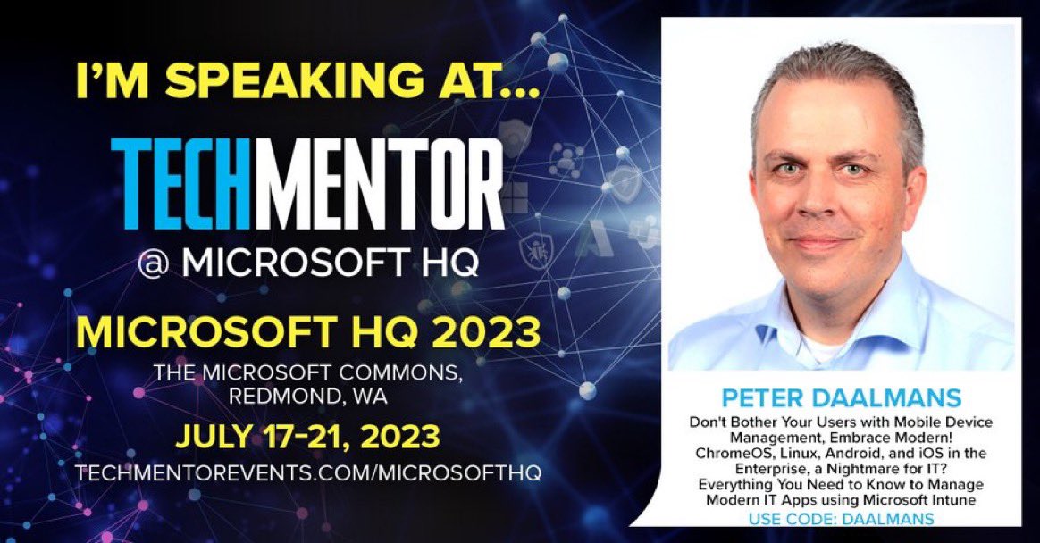 This July I will be speaking at the Microsoft HQ in Redmond during Techmentor! If you want to get $400 off (register before May 19 ‼️), use this link to get your ticket! bit.ly/42nlJFI Hope to see you at the Microsoft HQ this Summer! #MSintune #MVPBuzz #Microsoft…