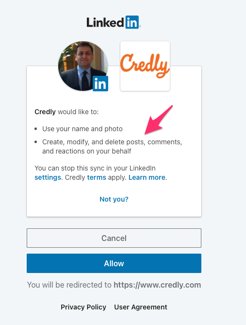 sahilmalik's tweet image. Consent drives me mad!

This is not @credly &apos;s mistake. I&apos;m trying to share my MVP award (ex) on #LinkedIn, and this is the permission required. I&apos;m going to hit cancel. 

There should be a &quot;one time limited use&quot; mechanism, and this is just not a concept #OIDC understands.