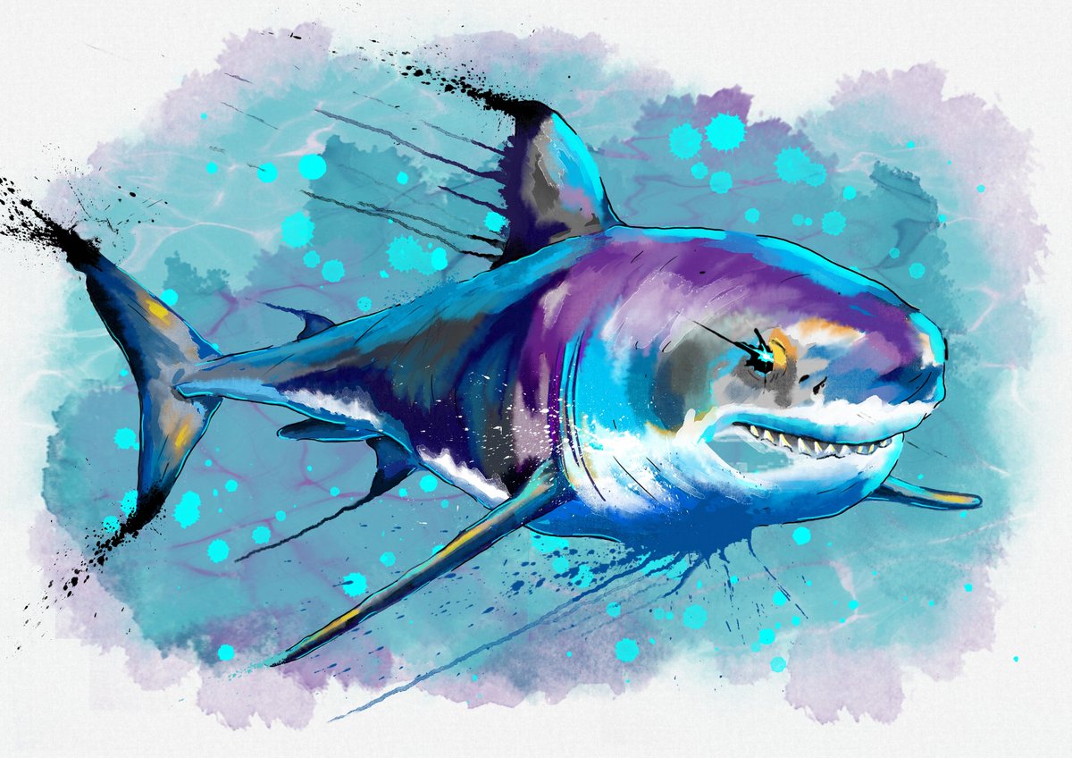New piece in my Nature Series the Fearsome Great White just finished. 
🦈🐠🦈

#anime #watercolour #illustration #animelover #nftart  #cryptoart #nature #comiccon #marine #digitalart #fish #shark #sea #ocean #sharkweek #greatwhiteshark #carcharodons #water #sharkpainting