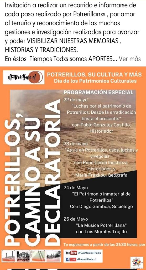 MARIASOLFREZ's tweet photo. SIGAN LA CARTELERA QUE SERA VIA WEB, (YOUTUBE, Facebook Live ).VISIBILIZANDO, INFORMANDO Y ENSEÑANDO SOBRE EL PATRIMONIO POTRERILLOS,  EN DIAS DE VALORIZACION Y PUESTA EN VALOR 22 MAYO al 29 MAYO. https://t.co/8UENnZeTSQ