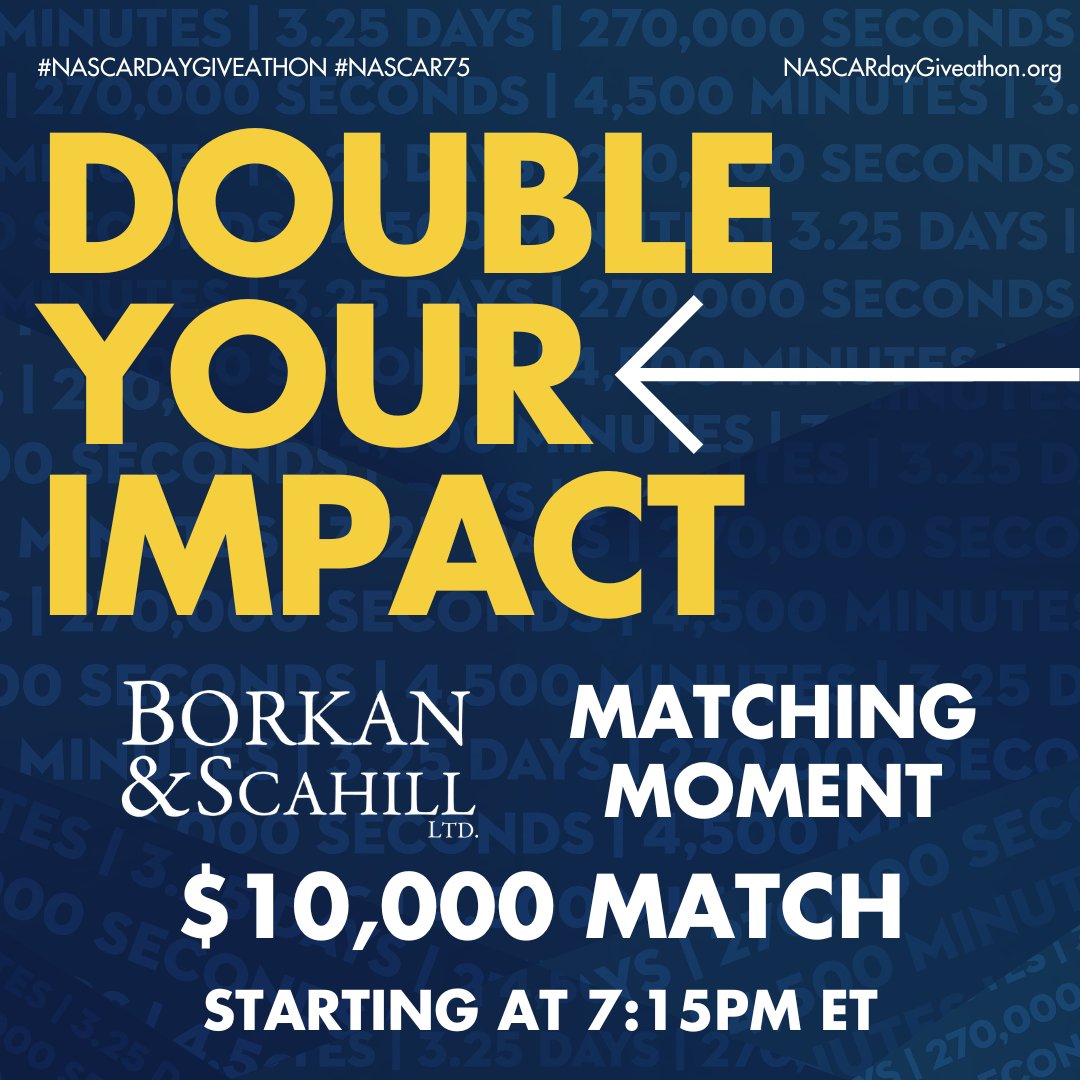 ❗ THIS JUST IN ❗ Borkan &amp; Scahill, Ltd is matching donation made starting at 7:15PM ET until their $10,000 fund is gone. Get ready to donate: nas.cr/42nauOm

#NASCARDayGiveathon #NASCAR #NASCAR75 #NASCARDay