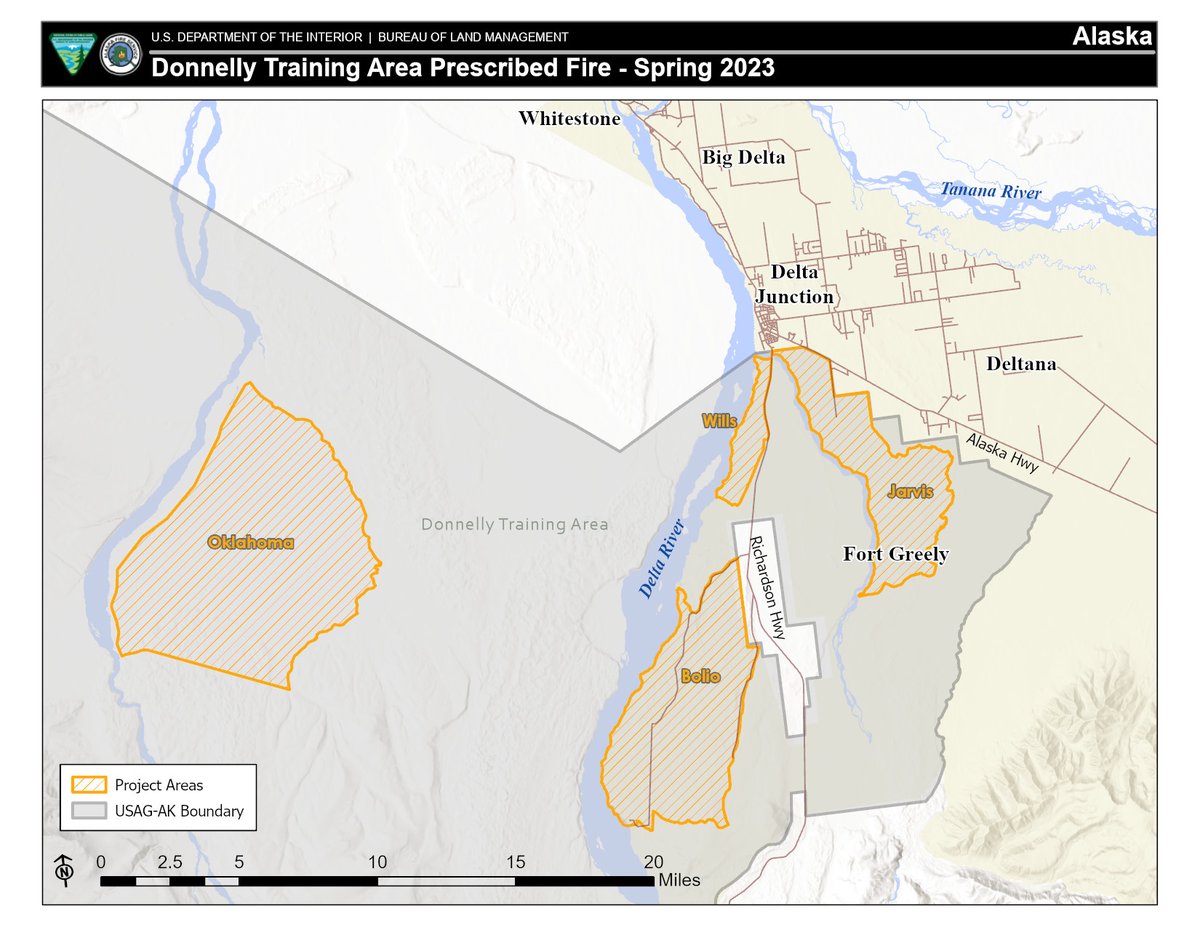 BLM AFS is conducting #RxFire today on the Jarvis Creek Project Area directly east of Fort Greely and the Oklahoma Impact Area west of the Delta River to reduce the threat of wildfires. #2023AlaskaFireSeason