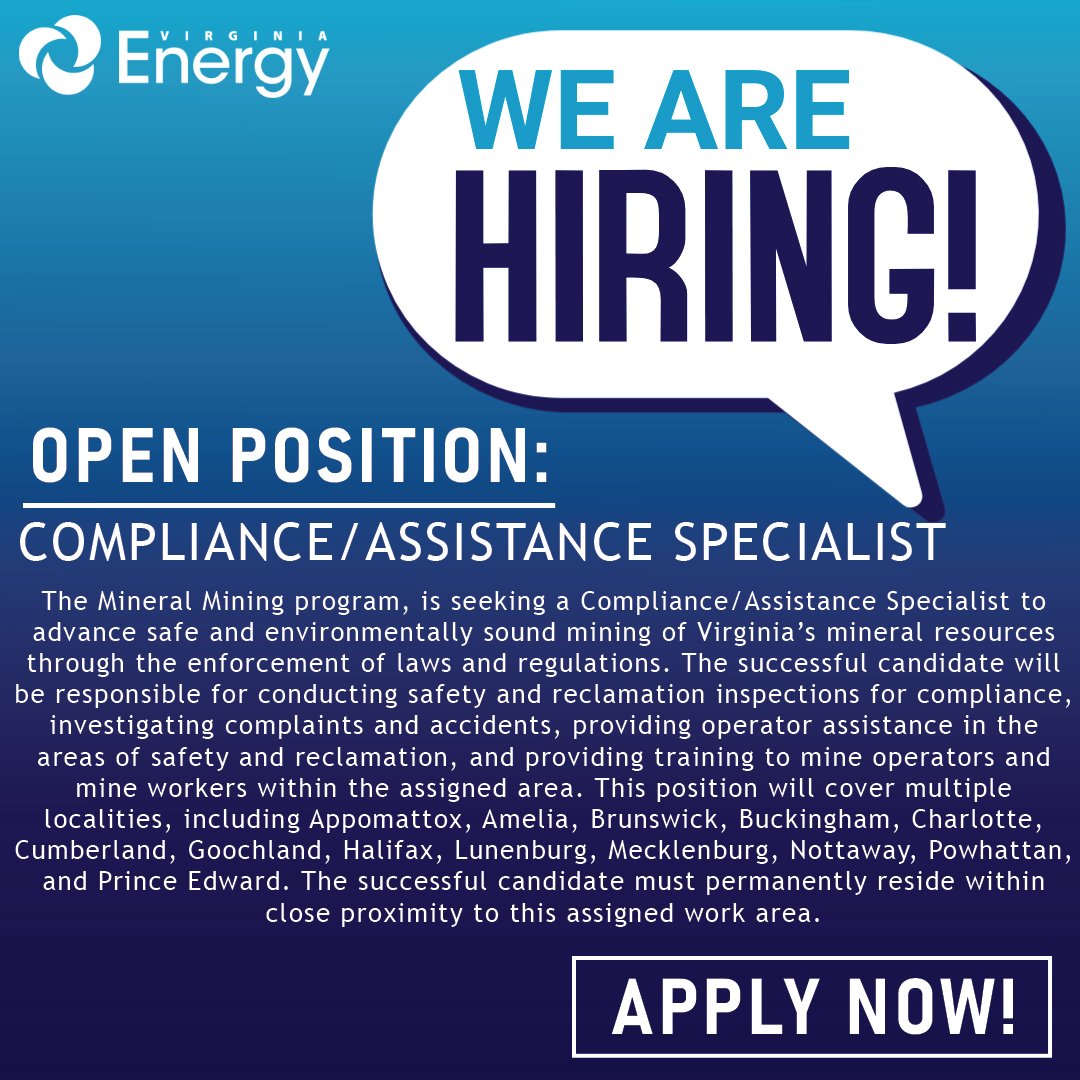 #VirginiaEnergy is #hiring a Compliance/Assistance Specialist! Be sure to apply by June 1st here: ow.ly/pzOj50OrprQ