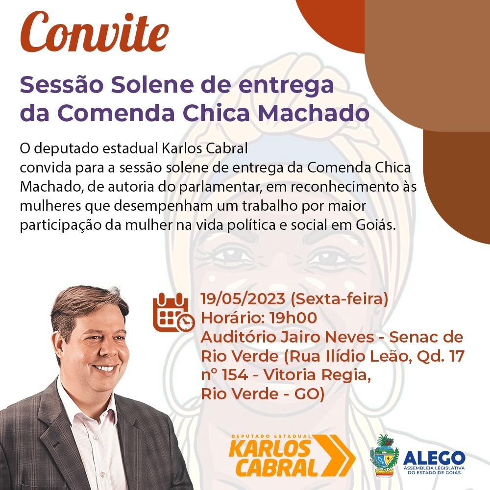 KarlosCabral's tweet photo. COMENDA CHICA MACHADO | Amanhã, dia 19, faço o convite para a Sessão Solene de entrega da Comenda Chica Machado, de minha autoria. O evento é para o reconhecimento ás mulheres que participam e desempenham um grande trabalho político e social em nosso Estado. https://t.co/joEjzRj06c