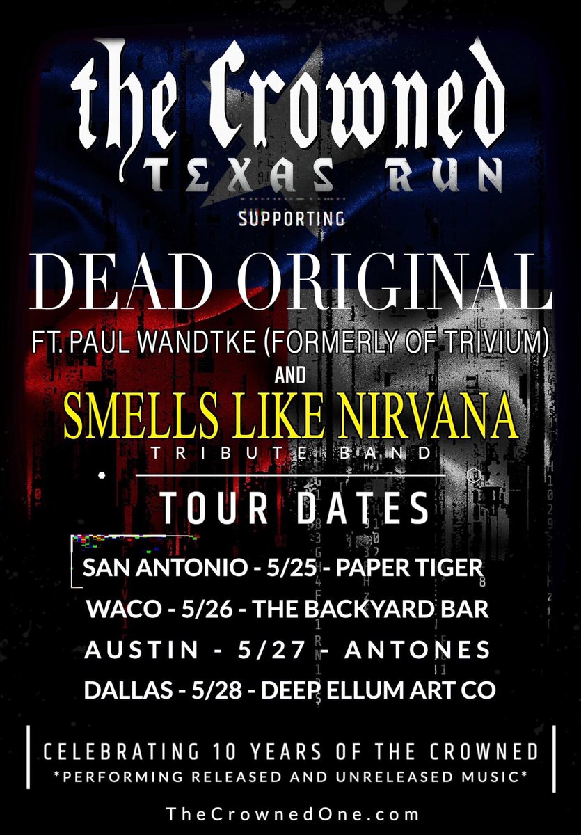 Thecrownedmusic's tweet photo. 1 week away!! #TheCrowned sharing the stage with our friends in #DeadOriginal and #SmellsLikeNirvana tribute!!
San Antonio - 5/25 Paper Tiger
Waco - 5/26 The Backyard Bar
Austin - 5/27 Antones
Dallas - 5/28 Deep Ellum Art Co.
See you soon, fellow Texans! https://t.co/imh4U45kmO