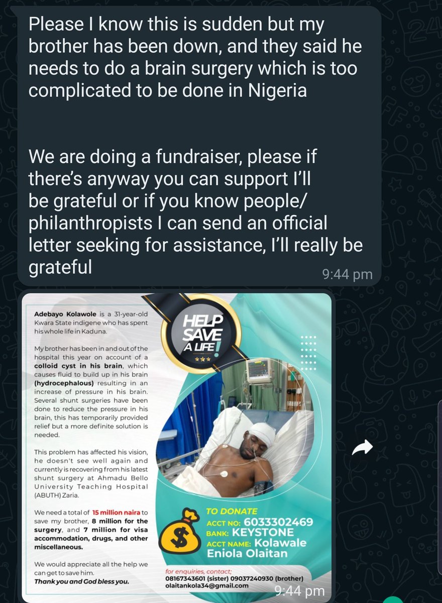 Help Save a Life!!!

No amount is too little.
Contact - 0909 472 6438 Eniola Kolawole for more info.

#KindlyRetweet #KindlyRepost